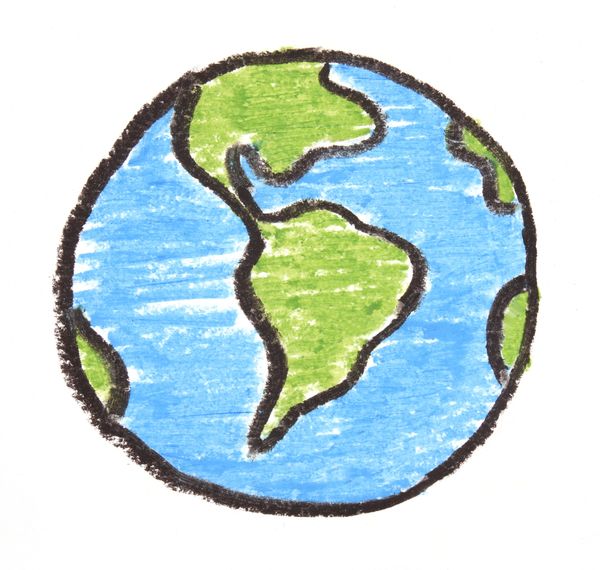 Hand-drawn Earth with green continents and blue oceans.