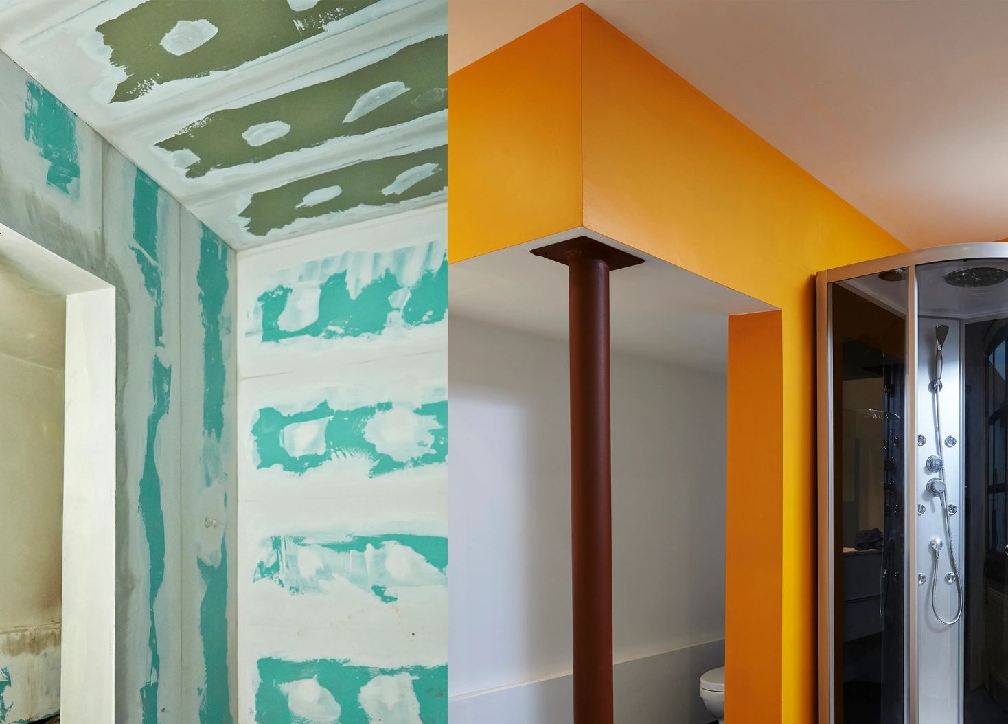 Two images showing a room under construction and the finished bathroom with a shower cabin and yellow walls.