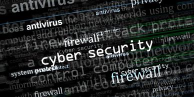 Cybersecurity with antivirus and firewall text collage.