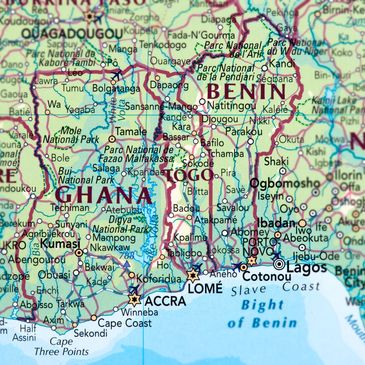 Map highlighting Ghana, Togo, Benin, and parts of Nigeria and Ivory Coast in West Africa.