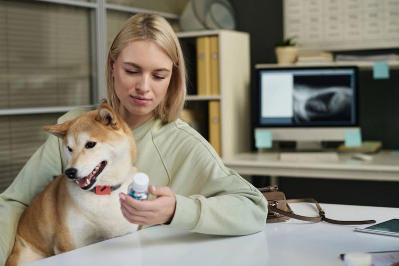 Young dog owner examining bottle of pills prescribed to her pet by veterinarian