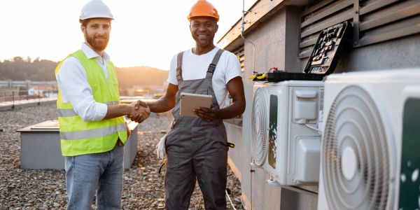 Two workers shaking hands near HVAC units at sunset.