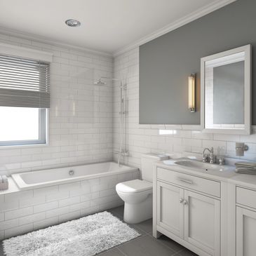 Bathroom remodeling, tile walls, tile shower, tile floor, vanity sink, vanity mirror, vanity light