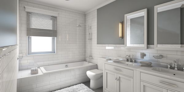 Modern bathroom with white tiles, double sinks, and a bathtub under a window with blinds.