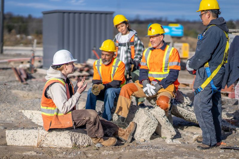 A small group of construction workers and a forewoman, gather around as they collaborate their ideas to successfully execute the days tasks together.  They are each wearing proper safety gear and are focused on the conversation.