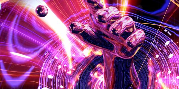 A psychedelic hand emerging from a vortex of neon lights.