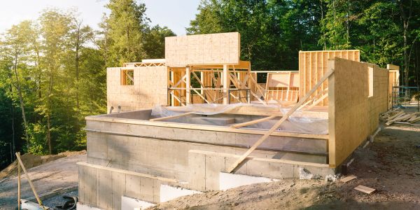 Wood-framed house under construction in a wooded area.