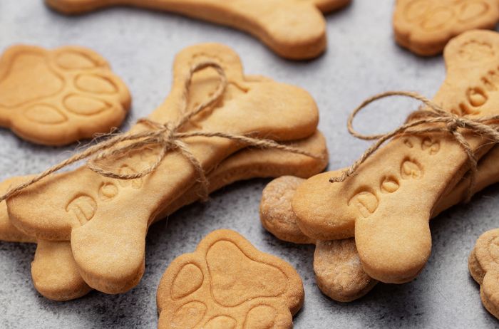 Photo of homemade all-natural dog treats in a dogbone shape.