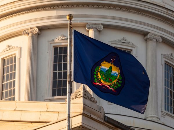 Maine state flag waving in front of a historic building with classical architecture.