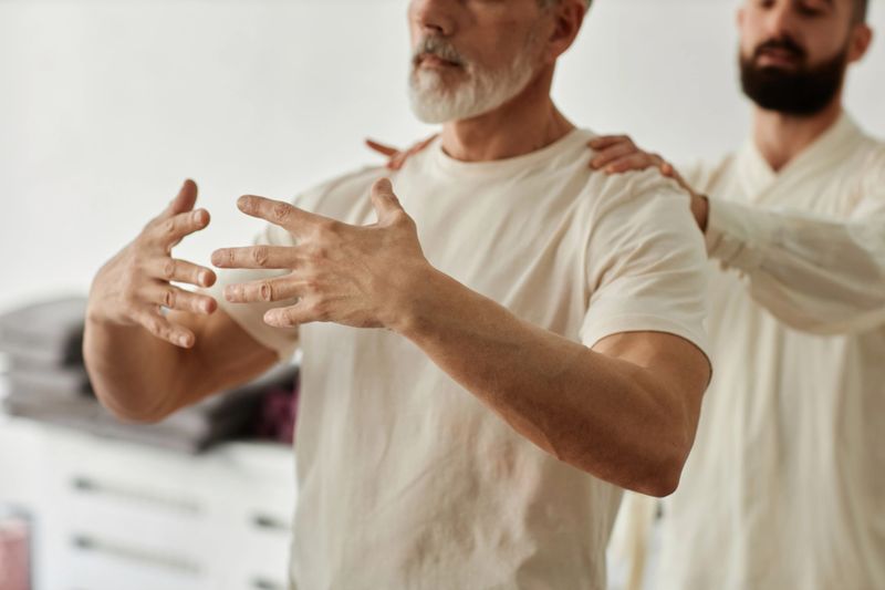 Close up of senior man doing standing meditation exercise during qigong training with master assisting