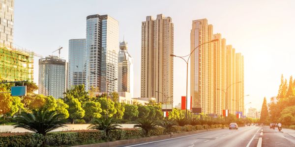 Sunlit modern cityscape with tall buildings and greenery along the road.