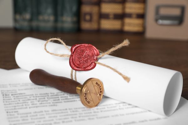 A rolled document sealed with red wax and a notary public stamp on a wooden desk.