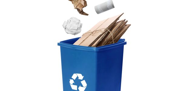 Blue recycling bin filled with cardboard and paper items.