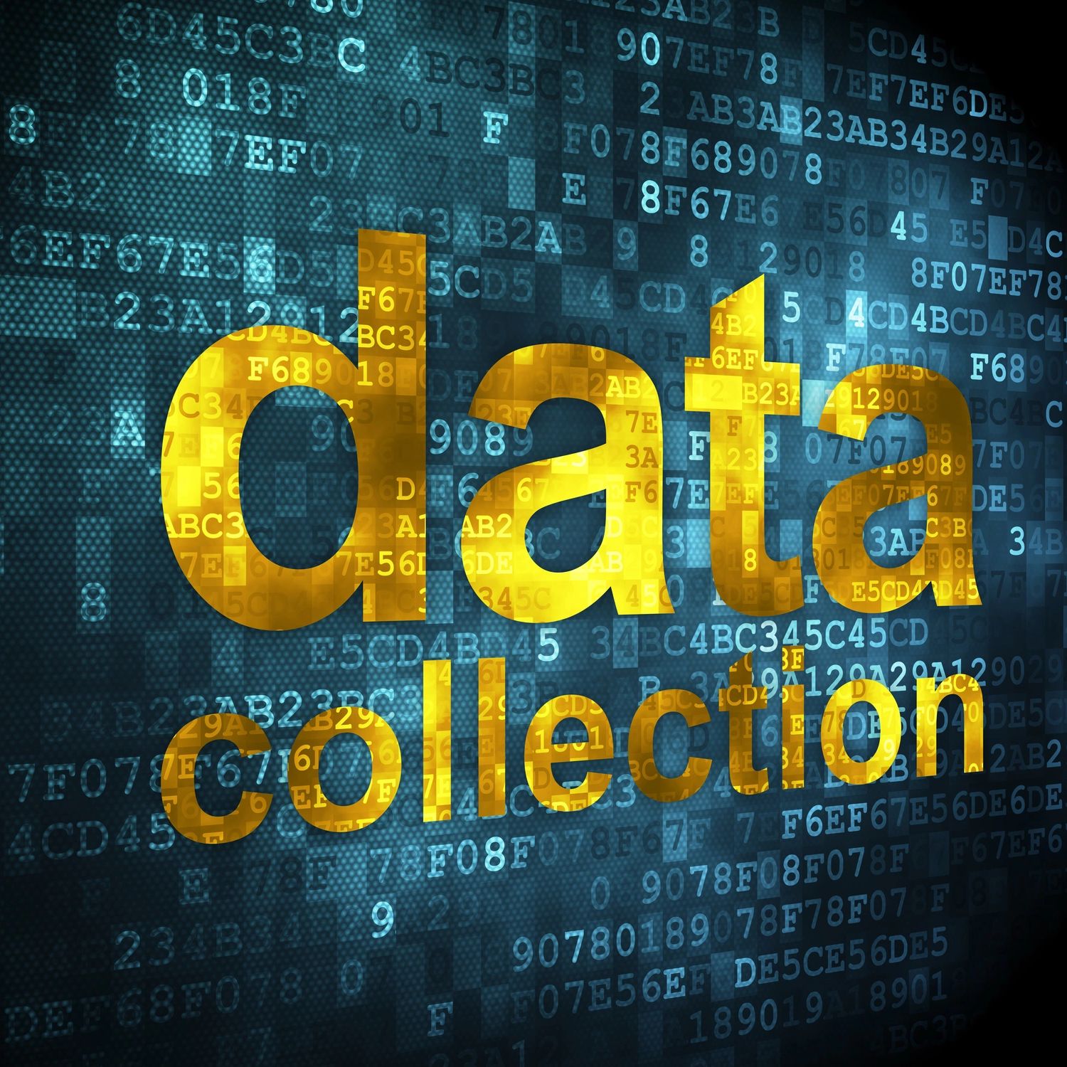 Golden text 'data collection' with digital code background.