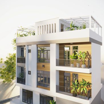 Modern white multi-story building with plants on balconies.