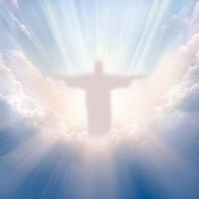 A glowing silhouette of a figure with outstretched arms amidst radiant clouds and beams of light.