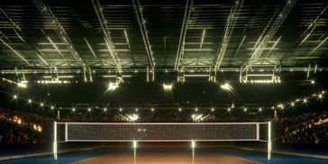 A well-lit indoor volleyball court with an audience and glowing net.