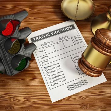 Traffic violation ticket with gavel and traffic light.