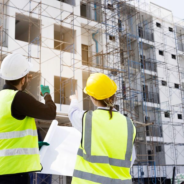 Two construction workers in safety gear inspecting a building under construction.