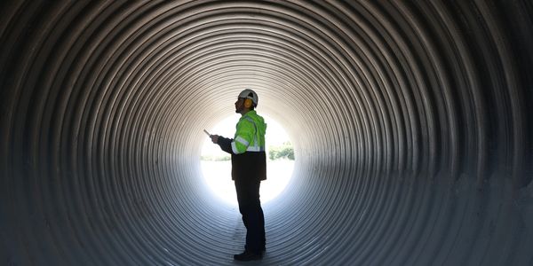 Worker in large pipe. Make America safe. National security. 