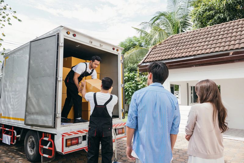 Professional moving service aids a couple in moving to their new house. Teamwork is evident as employees work together unloading and lifting cardboard boxes. Moving Day Concept