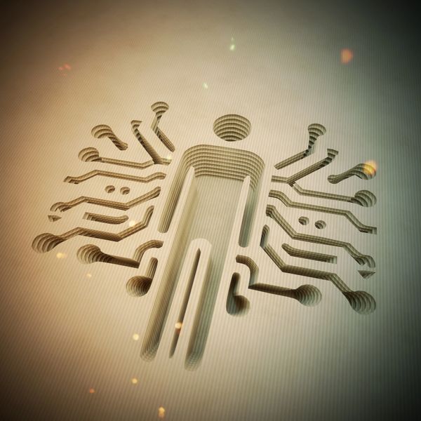 Stylized human figure integrated with circuit-like patterns symbolizing technology and connectivity.