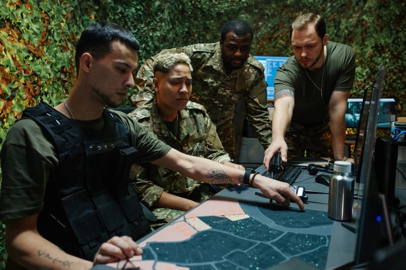 Group of young intercultural officers in uniform looking at map and pointing at it while discussing tactics and strategies of army