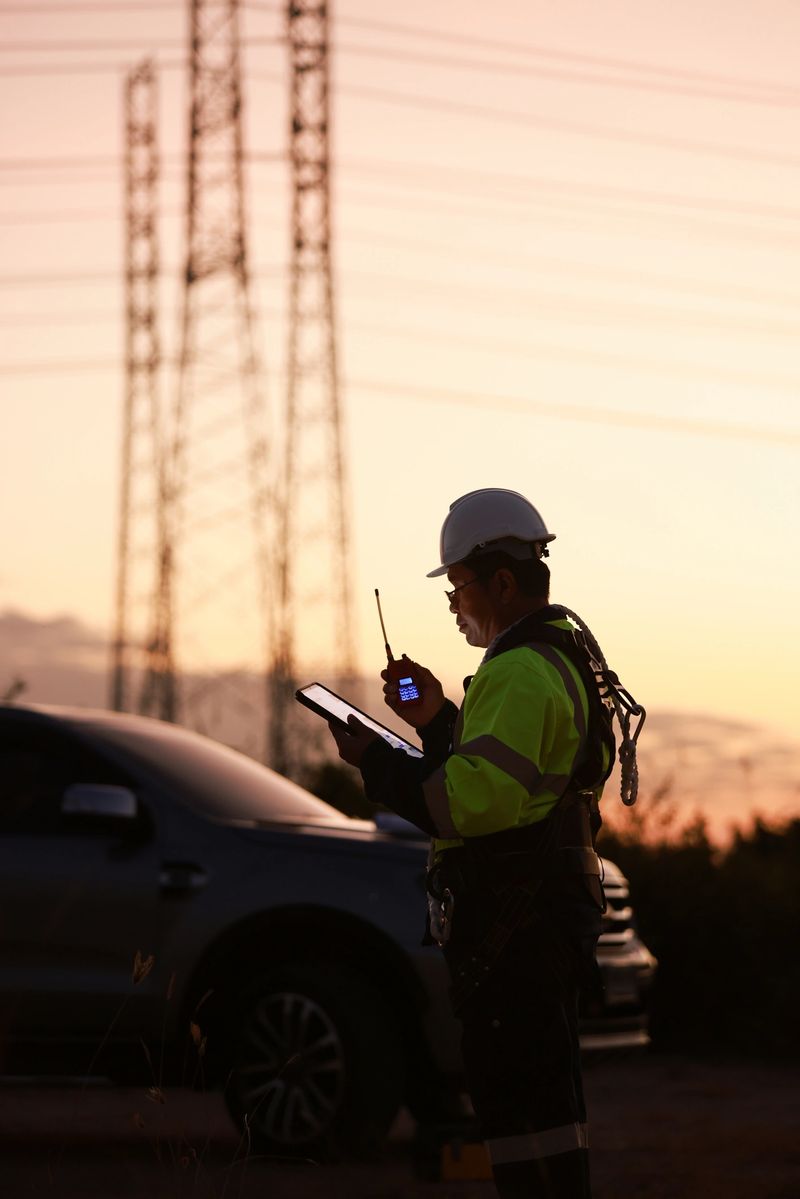 Project engineer with green reflec safety jacket using walkie talkie and tablet work at site line of electrical distribution