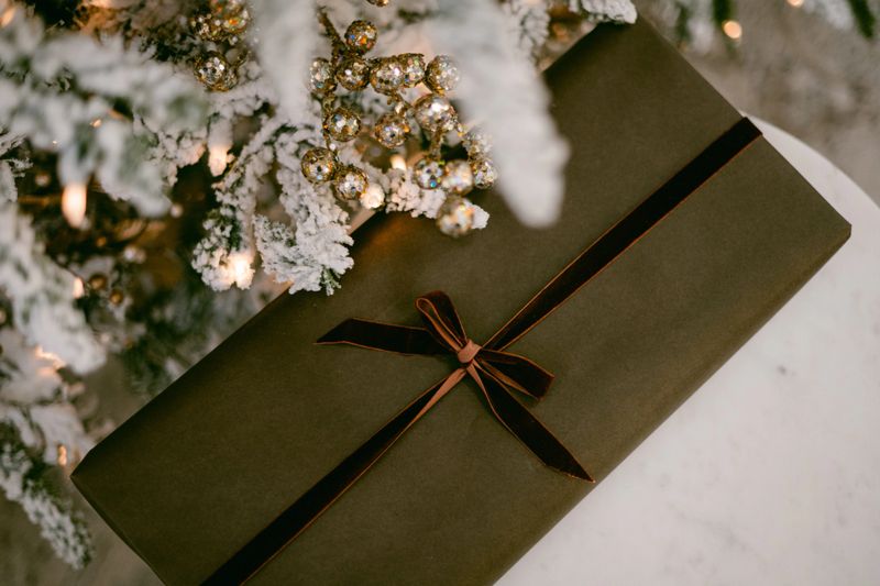 Brown gift under white Christmas tree in San Marcos, California, United States
