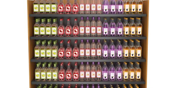 Shelf filled with colorful bottles of different beverages.