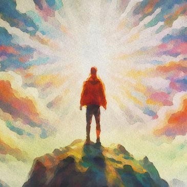 vibrant painting of person on a mountain peak - showing hope, resilience, & emotional transformation