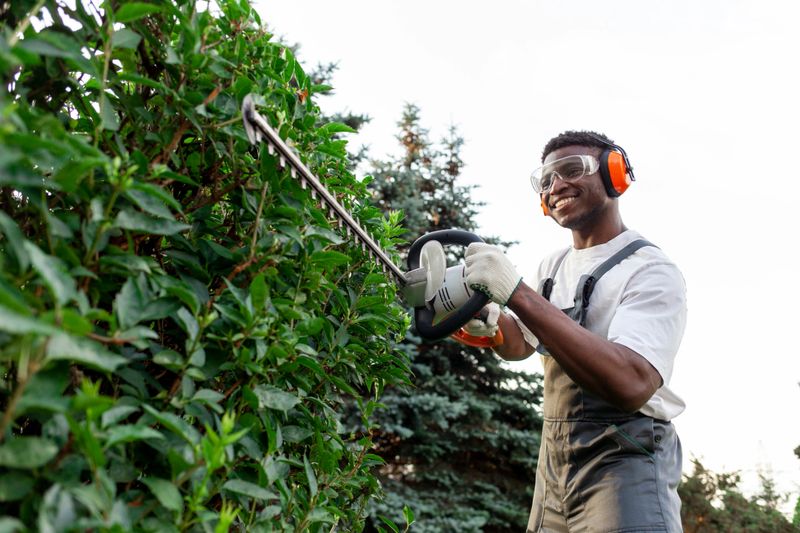african american male garden worker in uniform trims bushes with electric tool, man in goggles and headphones works with brush cutter and trims trees and greenery