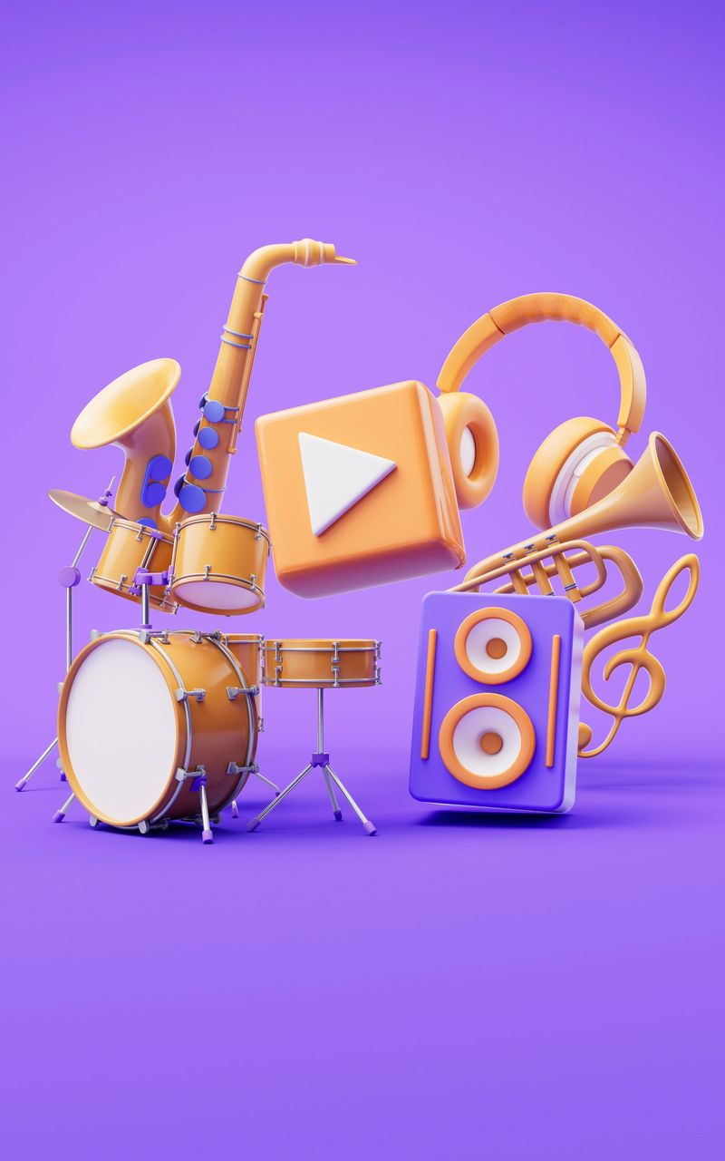Music instruments with cartoon style, 3d rendering. 3D illustration.