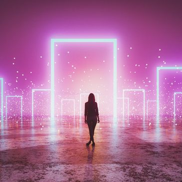 Person walking towards glowing neon rectangles in a surreal landscape.