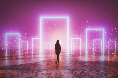 Person walking towards glowing neon door frames in a foggy environment.