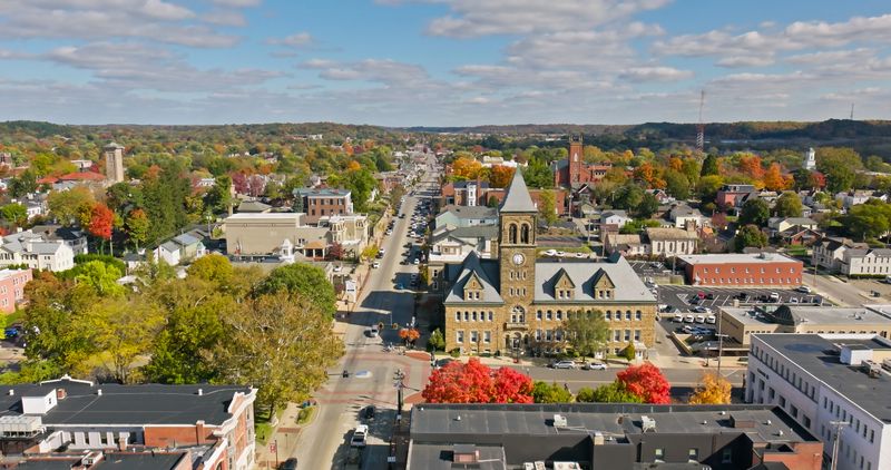 Aerial view of Lancaster, a city in Fairfield County, Ohio, on a sunny day in Fall.