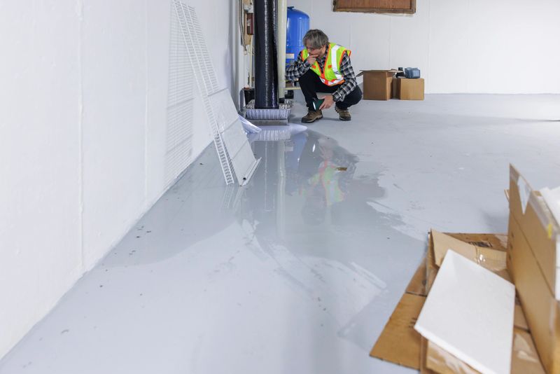 Insurance agent in safety vest, with smartphone, examining water pressure tank and purification system in flooded basement