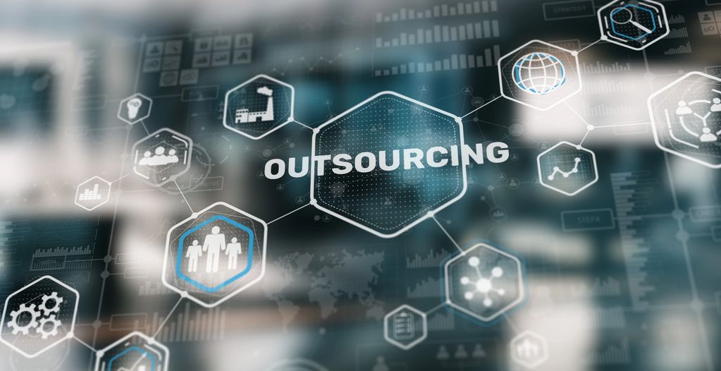 Digital interface showing outsourcing with related business icons.