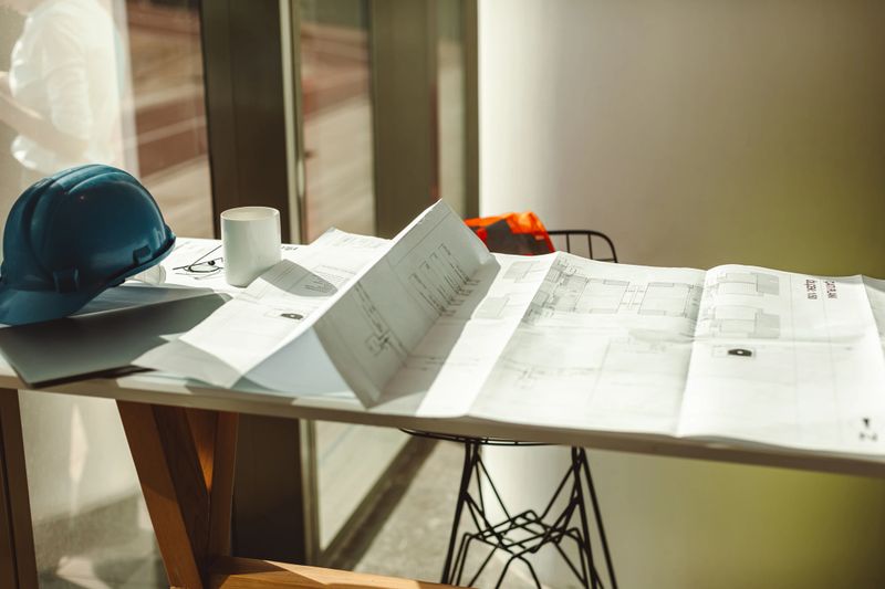 Step into the world of innovation with this dynamic stock photo, showcasing an architectural and engineering office desk background. The image features construction project ideas and drawing equipment, including a blue and yellow work helmet, reflective uniform work vest, architecture blueprints, plan projects, and a laptop. The workspace is bright with sunlight streaming in from the window, creating an inspiring and productive atmosphere. Ideal for conveying the essence of creativity and planning in the architectural and engineering fields, this photo is perfect for construction-related promotions, architectural publications, and social media content celebrating innovative workspace designs. Innovative workspace, Architectural and engineering office desk, Construction project ideas, Drawing equipment, Yellow work helmet, Architecture blueprints, Plan projects, Laptop, Sunlight, Construction-related promotions, Architectural publications, Social media, Innovative workspace designs