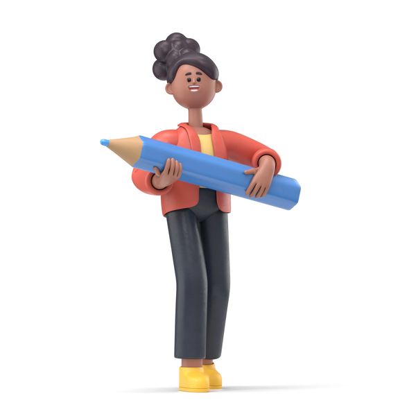 3D character holding an oversized blue pencil.