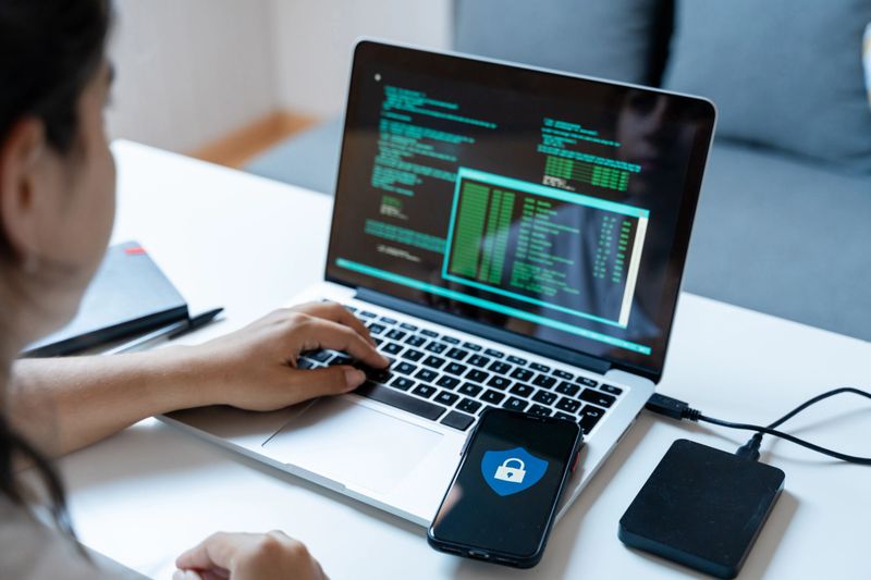 Woman working on laptop at home. The concept of programming and coding.