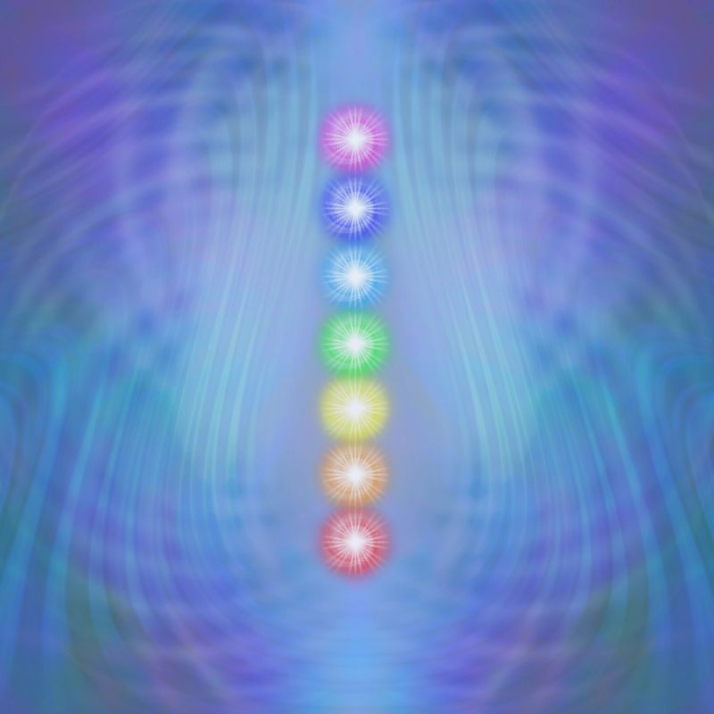 a neat stack of seven rainbow coloured chakra vortexes against a radiating purple blue matrix wave background with copy space