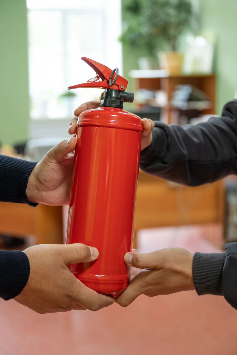 Employees are holding a fire extinguisher in the office. The concept of fire safety