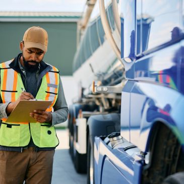 Worker inspecting a truck and writing notes.