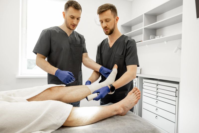 Two medical workers make a bandage on patient's leg in the trauma department. Concept of traumatology, orthopedics and rehabilitation after injuries