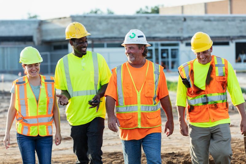A multiracial group of four construction workers walking side by side through a construction site, conversing. The group includes a young Hispanic woman, a mid adult African-American man and two mature men.