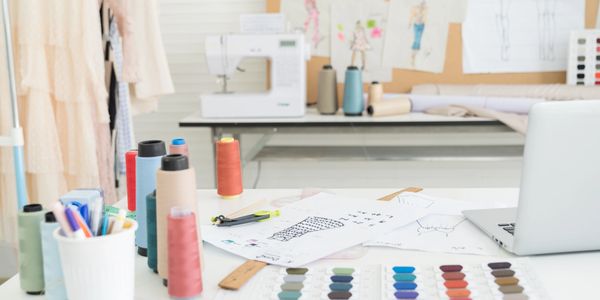 A fashion design studio with colorful thread spools and sketches on the table.