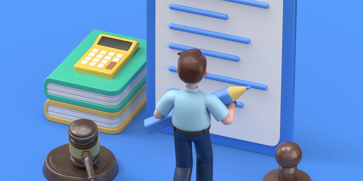 3D man writing on clipboard with gavel, books, and calculator nearby.