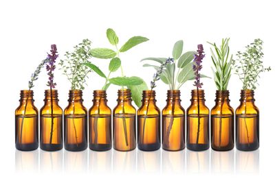 Amber bottles with fresh herbs arranged neatly.