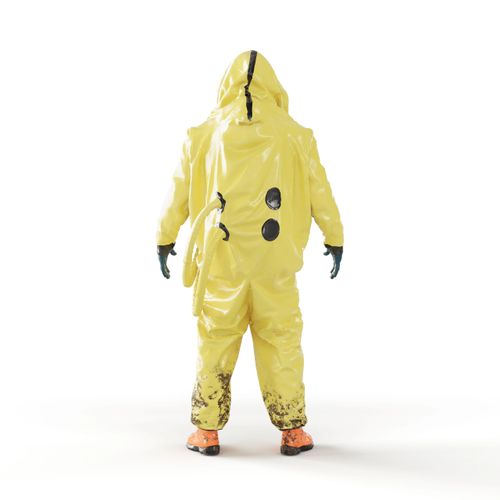 Person in a dirty yellow hazmat suit with orange boots, viewed from the back.